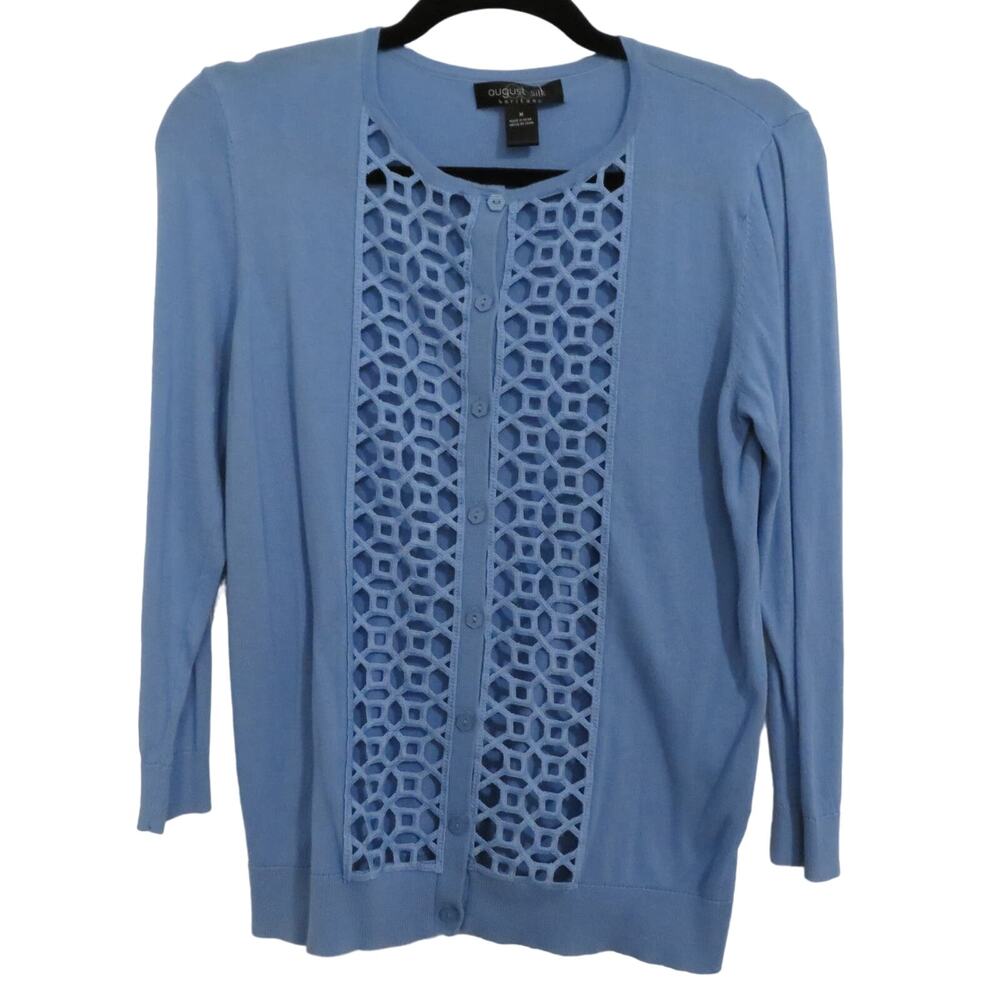 August Silk Womens Sz M Periwinkle Blue Crochet Front 3/4 Sleeve Knit Sweater